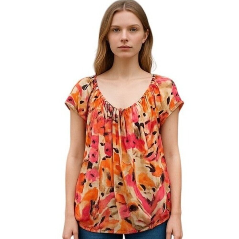 Worthington Womens Floral Cap Sleeve Stretch Blouse Large